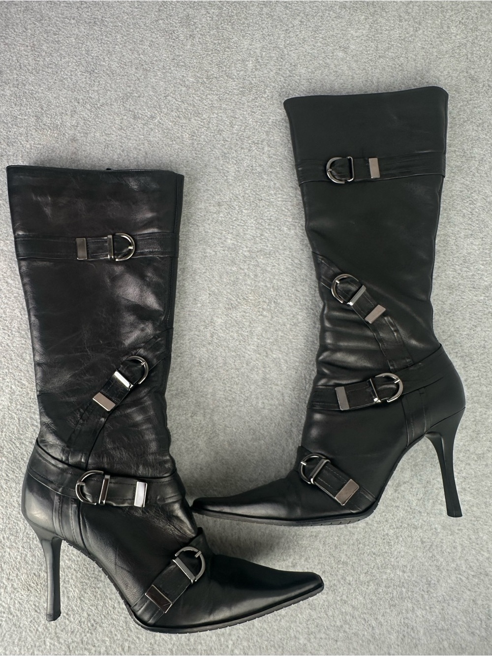 GUESS by Marciano Vintage Y2K Black Leather Buckle Pointed Toe Stiletto Boots 7M